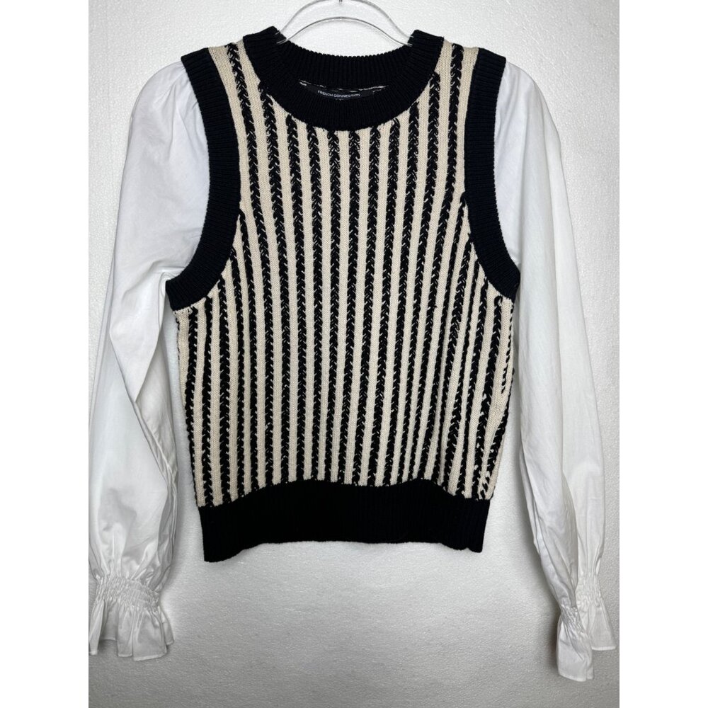 French Connection Black & White Moma‎ Vest Mix Top Medium Preppy Sweater Knit